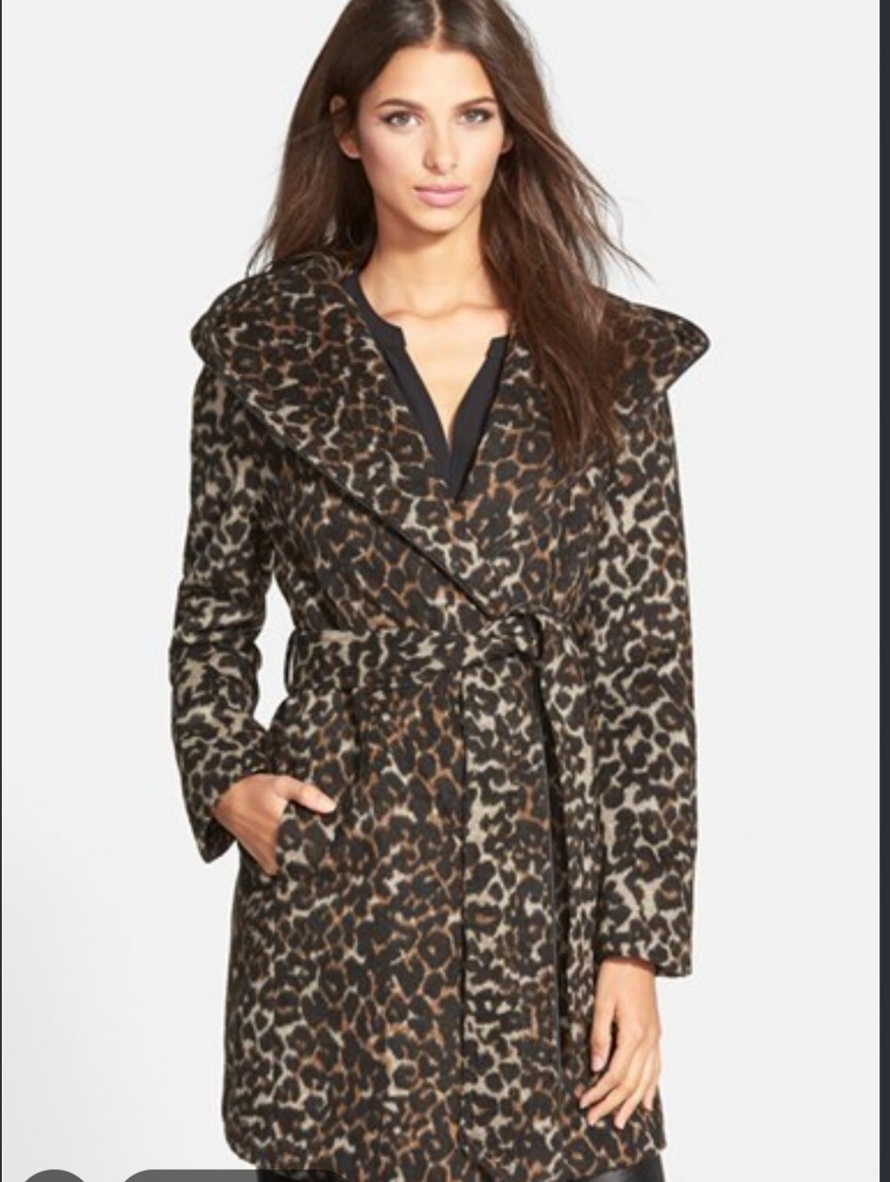 Steven Madden Leopard Print women's long winter coat Sz L black Brown Hooded